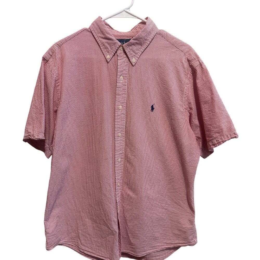 Ralph Lauren Red White Seersucker Button Down Short Sleeve Classic Fit Sz XL